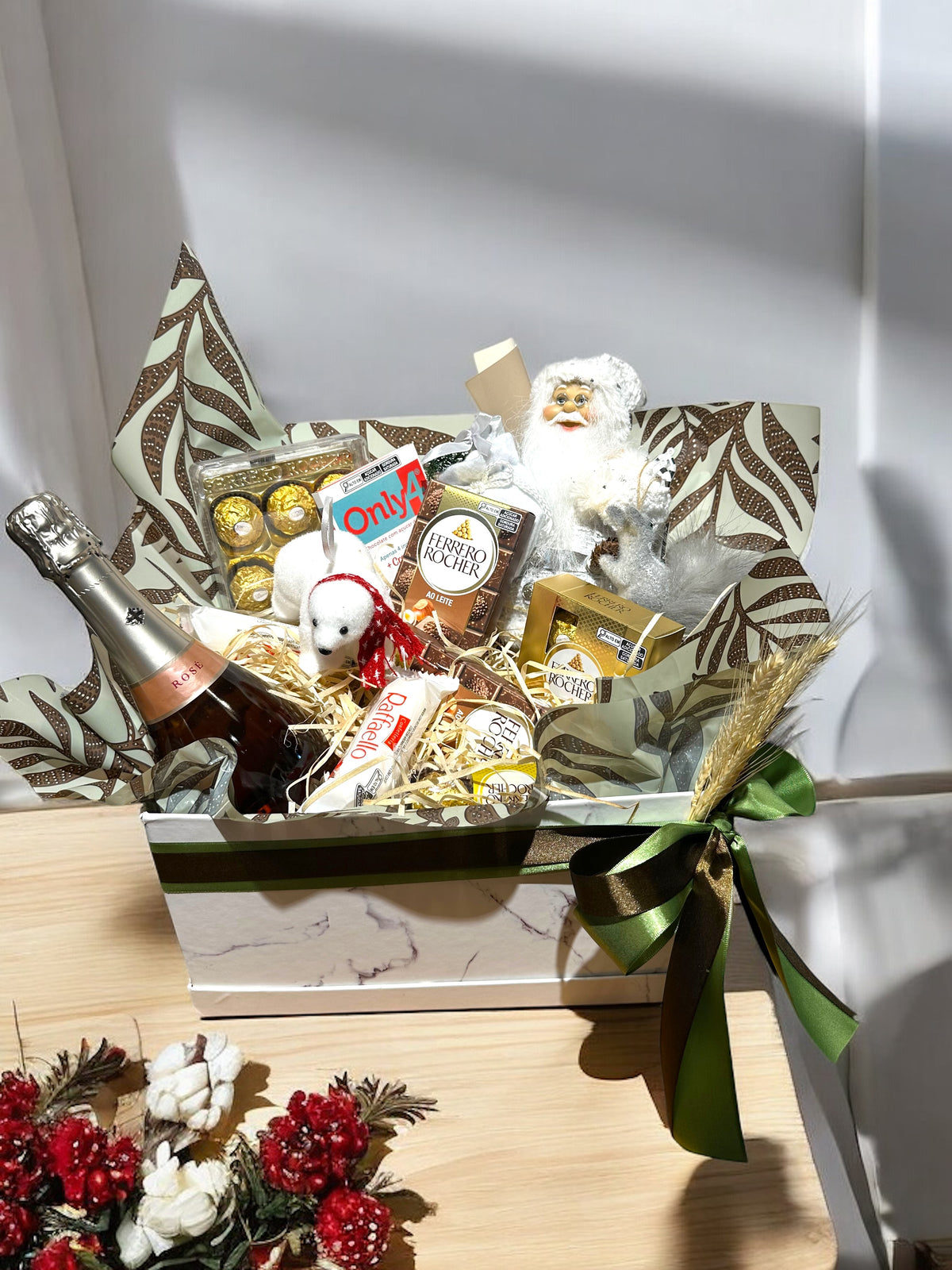 Elegant Christmas Basket with Chocolates and Sparkling Wine