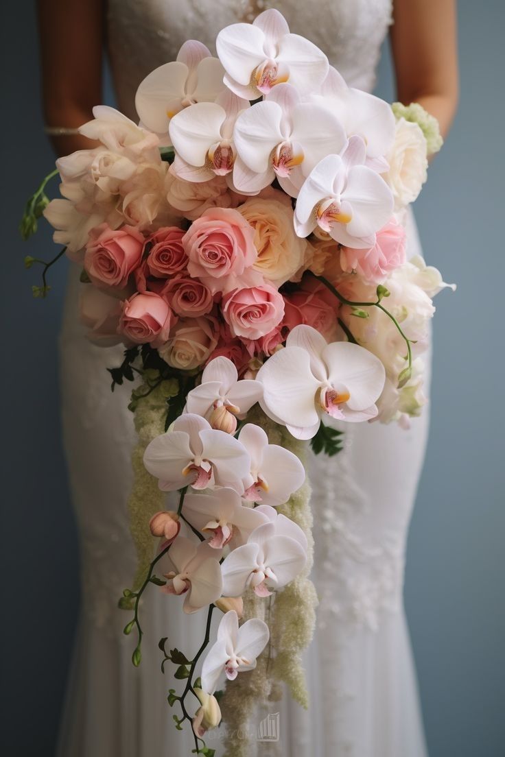 Cascading Bridal Bouquet with Orchids and Roses