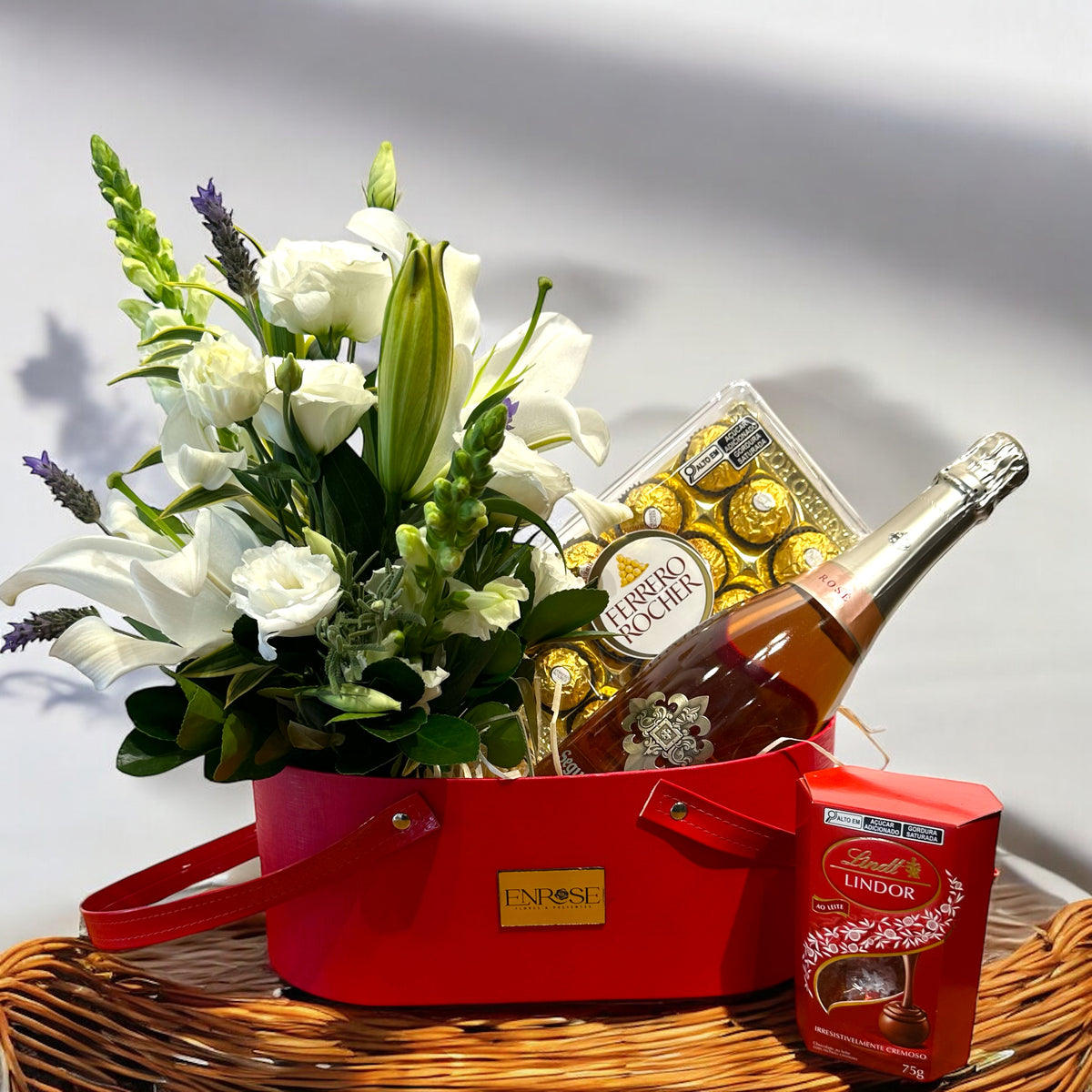Luxurious White Flower Basket with Orchids and Sparkling Wine - A Gift of Elegance and Flavor