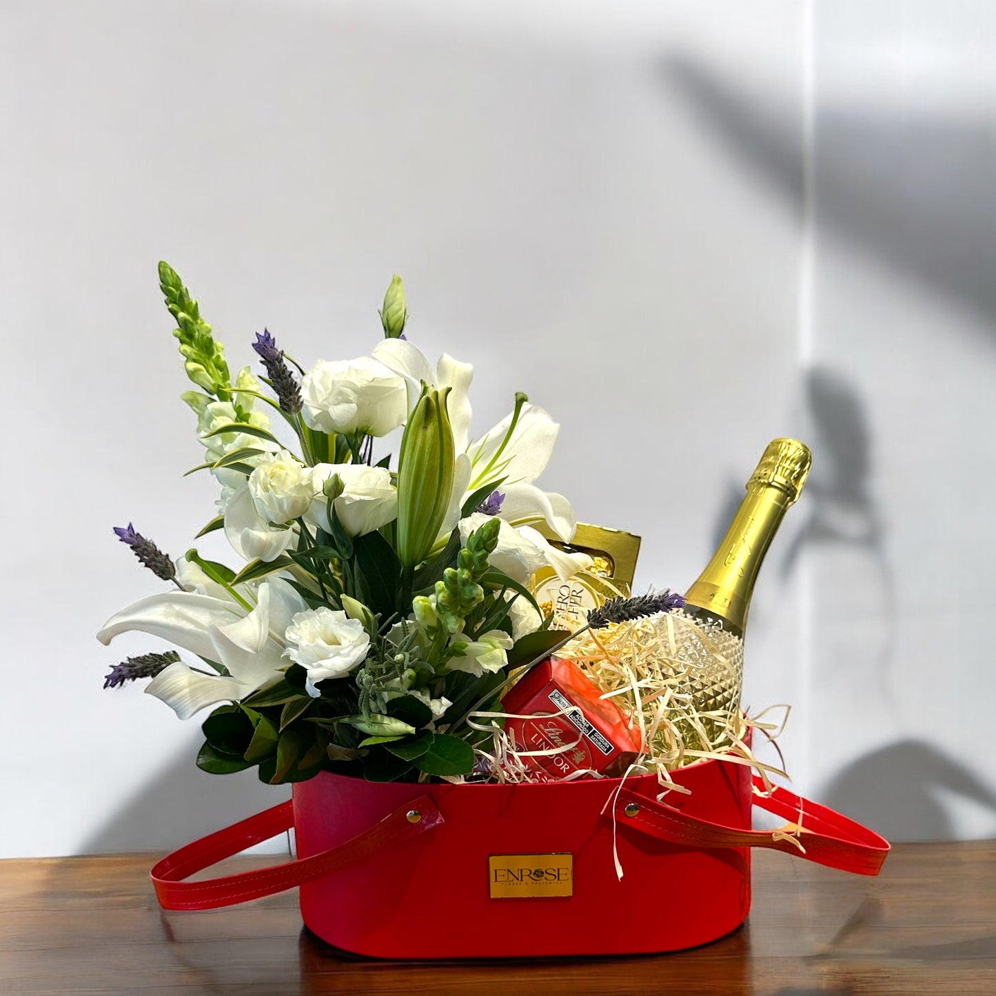 Basket of White Flowers with Orchids and Freixenet Sparkling Wine - A Luxury Gift