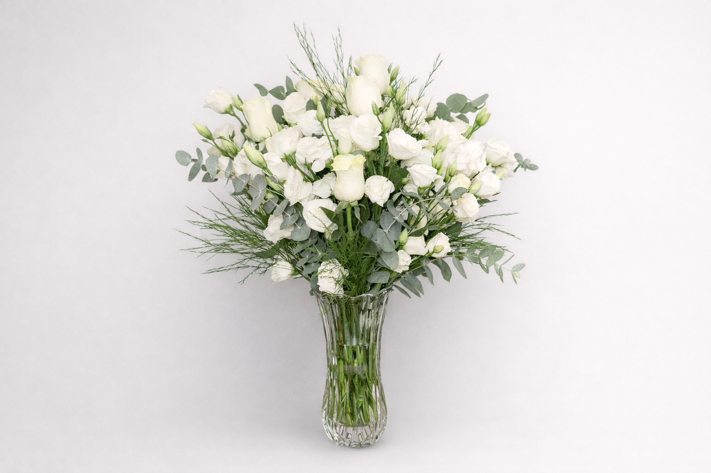 White Happiness Lisianthus with Glass Vase