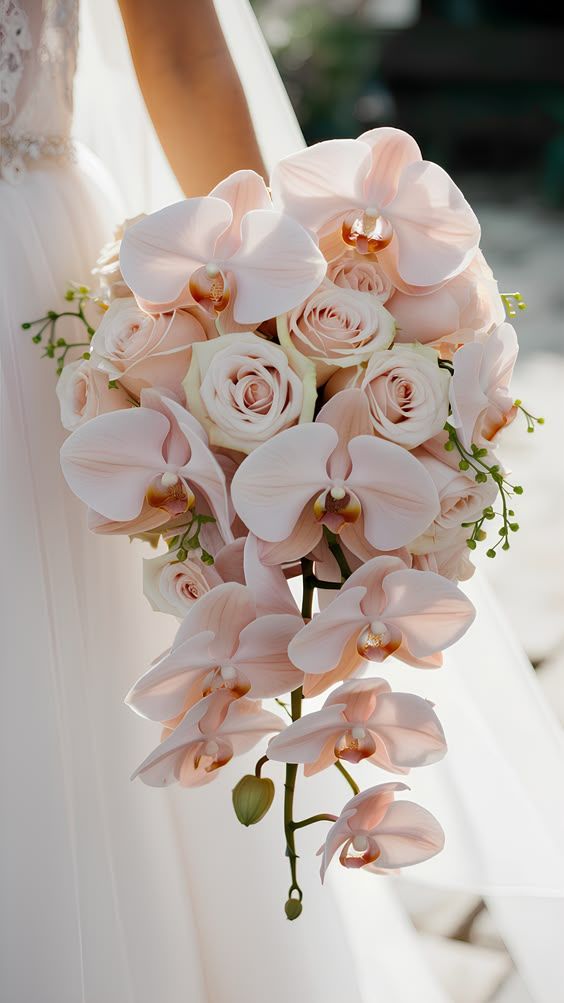 Bridal Cascade Bouquet with Roses and Orchids
