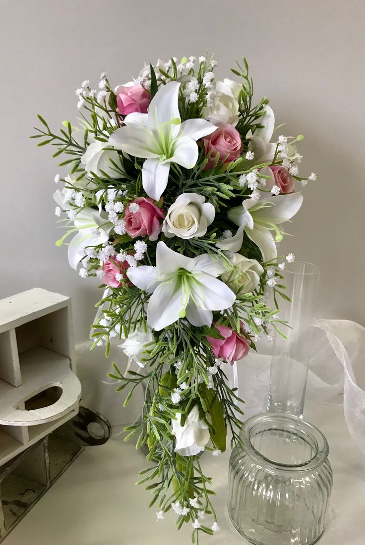 Romantic Waterfall Bouquet with Lilies and Roses