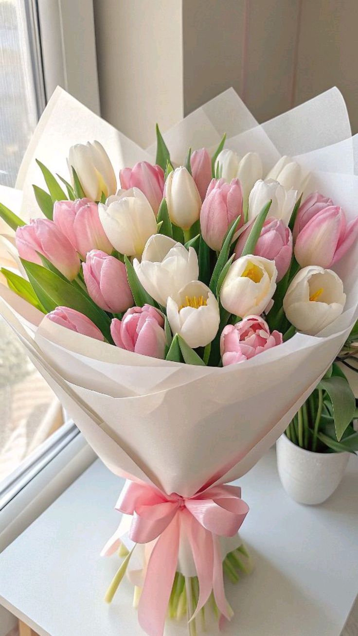 Bouquet of 20 White Tulips and Roses with White Packaging