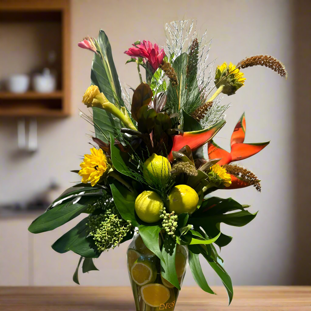 Elegant Tropical Arrangement with Glass Vase