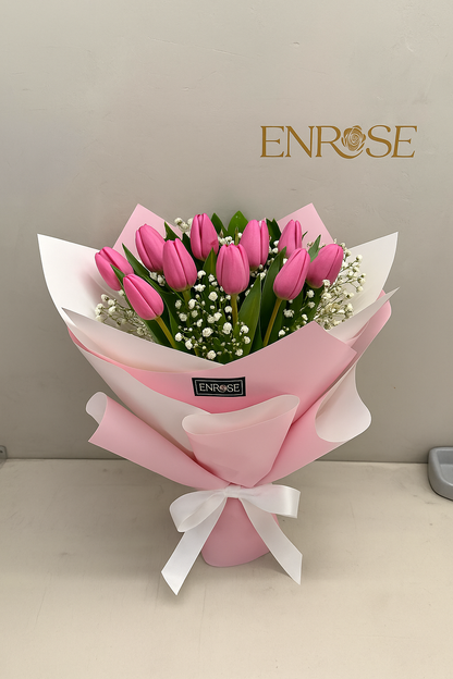 Bouquet of 10 Natural Pink Tulips with Elegant Packaging
