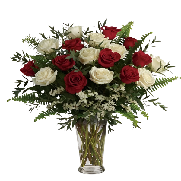 Harmonia das Cores: Buquê Sofisticado de Rosas Vermelhas e Brancas