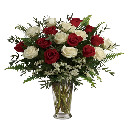 Harmonia das Cores: Buquê Sofisticado de Rosas Vermelhas e Brancas