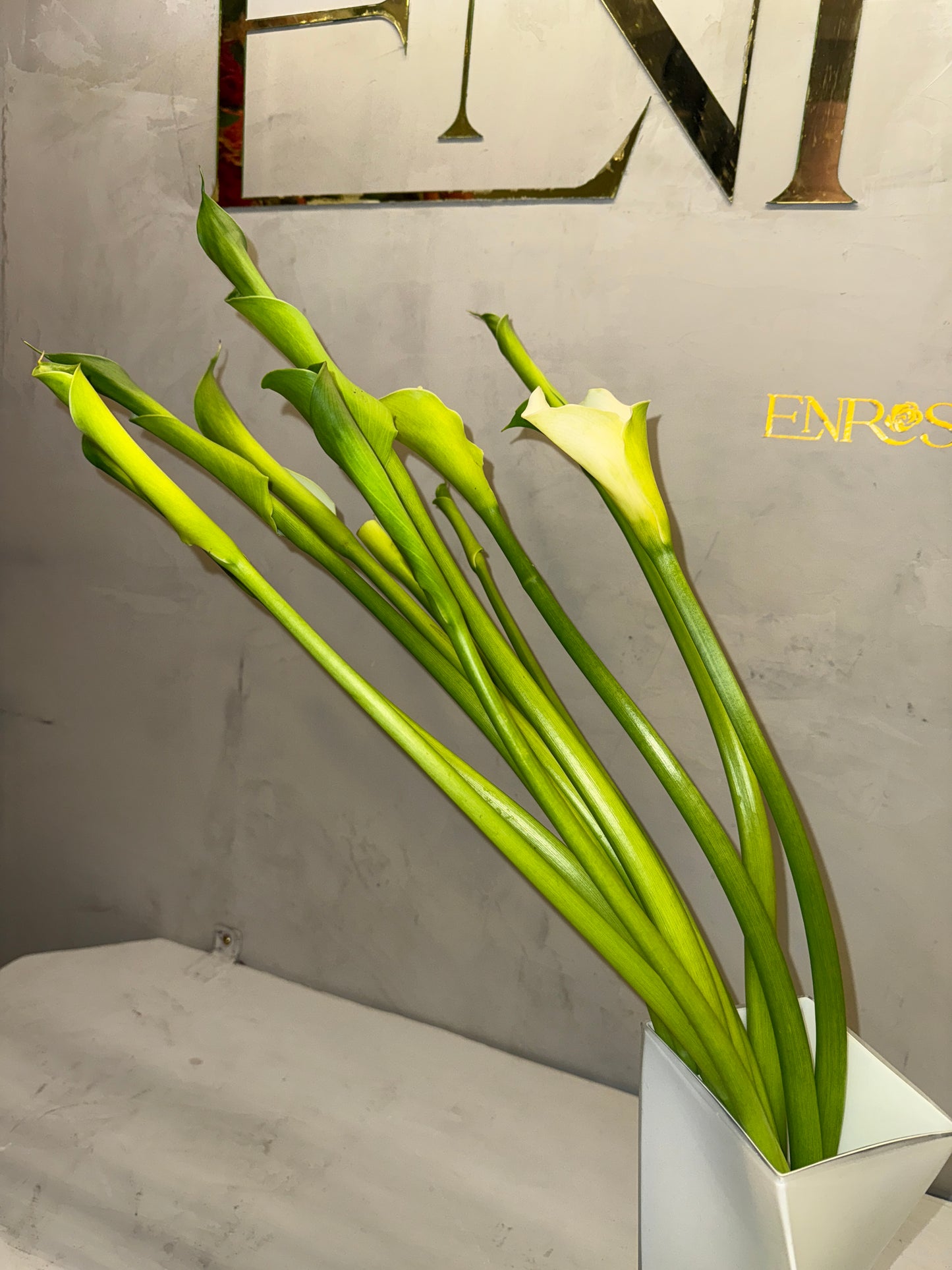 Arrangement of Calla Lilies with a Modern Crystal Vase