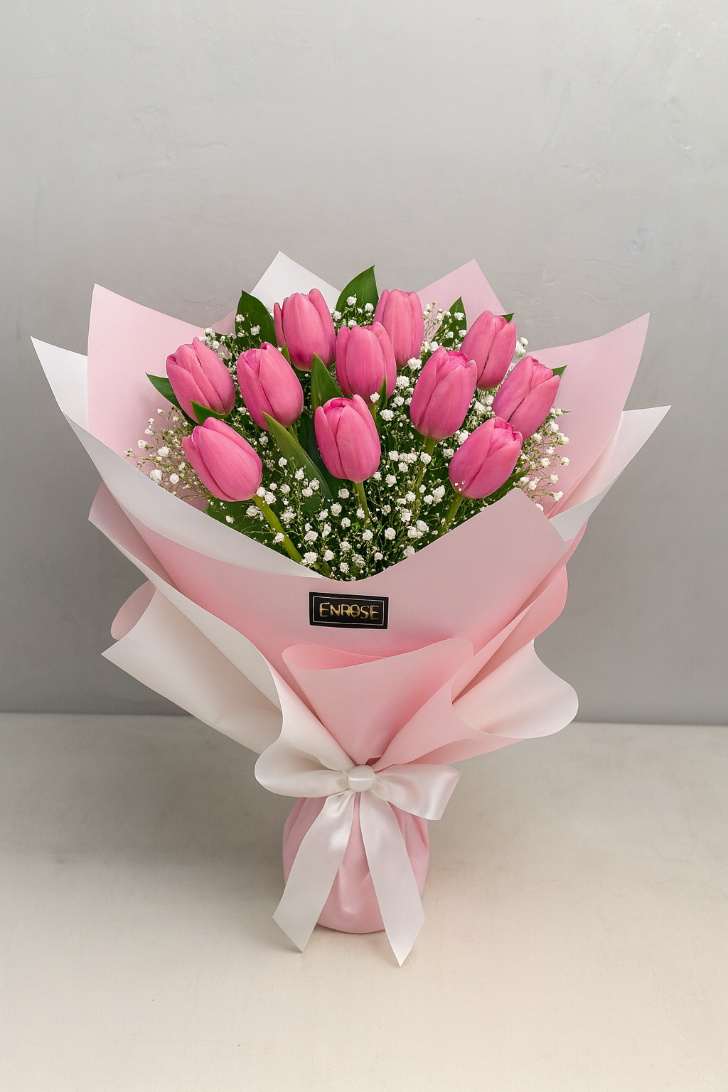 Bouquet of 10 Natural Pink Tulips with Elegant Packaging