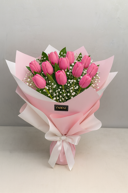 Bouquet of 10 Natural Pink Tulips with Elegant Packaging