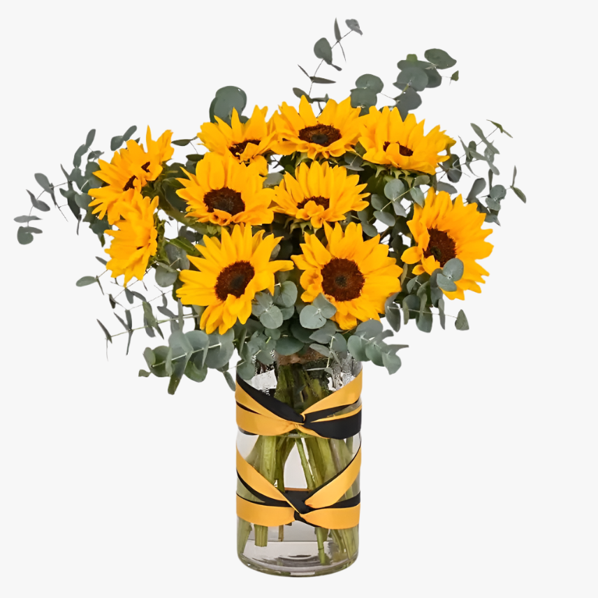 ‏Bouquet of Sunflowers in a Vase with Eucalyptus Foliage - Natural Elegance for Your Space