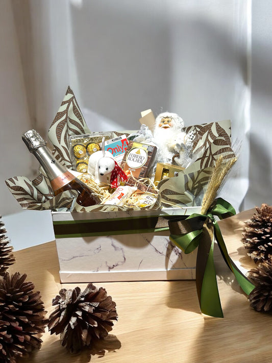 Elegant Christmas Basket with Chocolates and Sparkling Wine