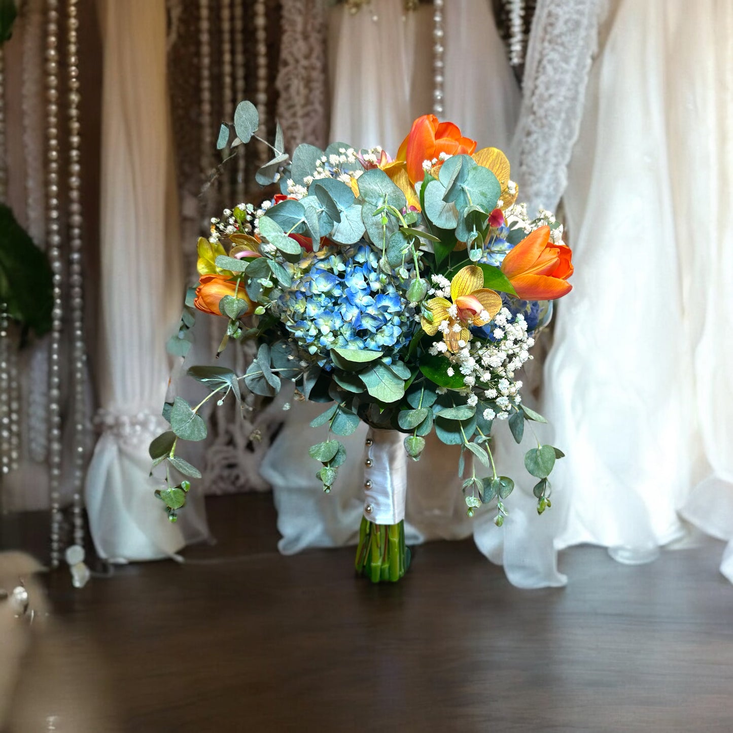 Elegant Bridal Bouquet with Tulips, Orchids and Hydrangeas - A Touch of Sophistication