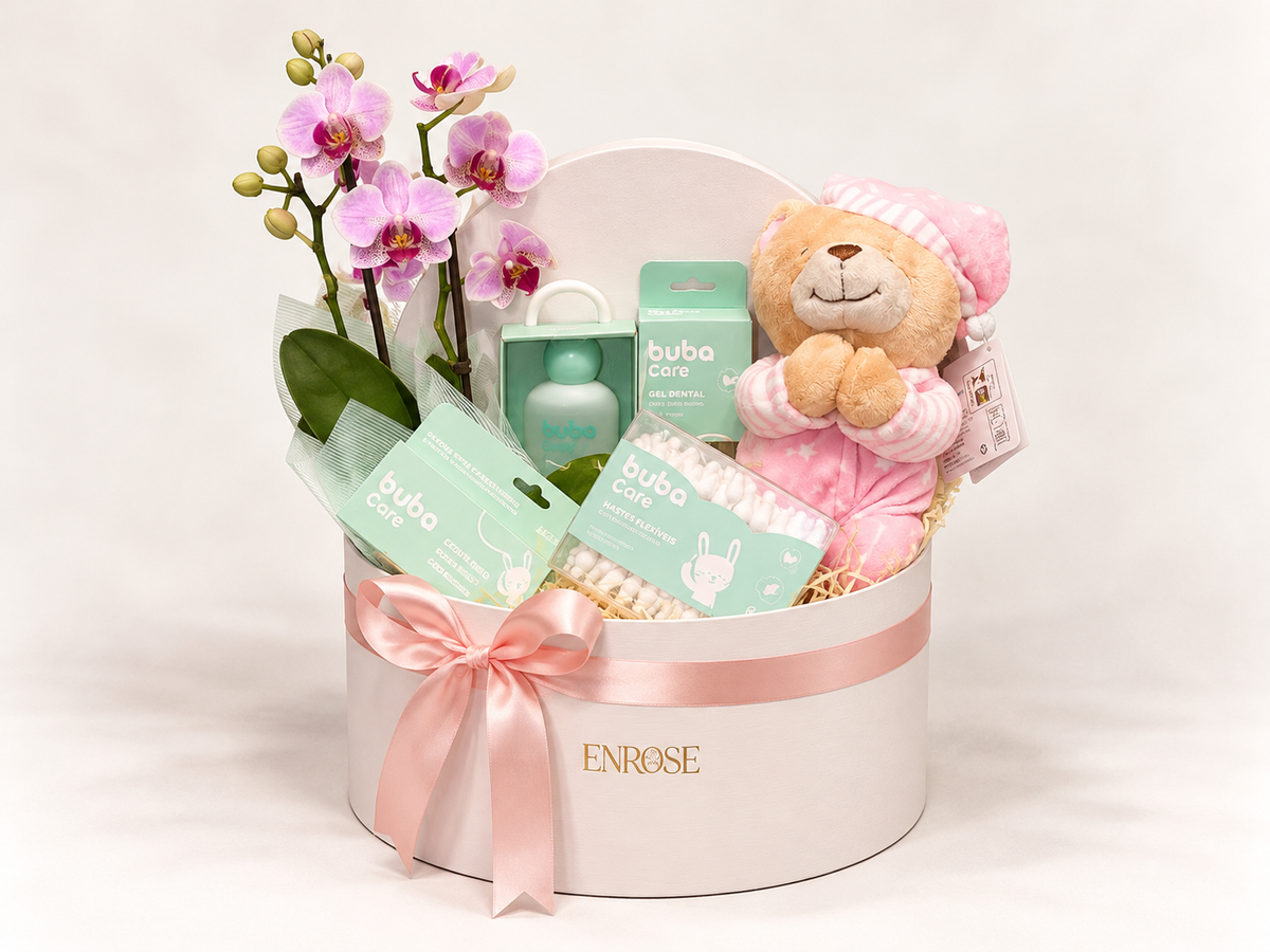Cesta de Presente para Bebê com Orquídea e Ursinho