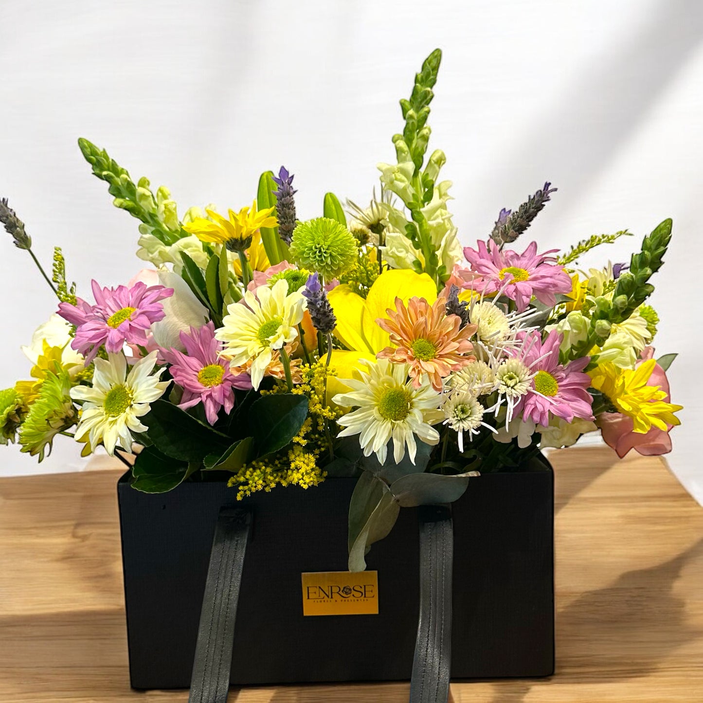 Flower Arrangement in Black Bag - Elegance and Charm