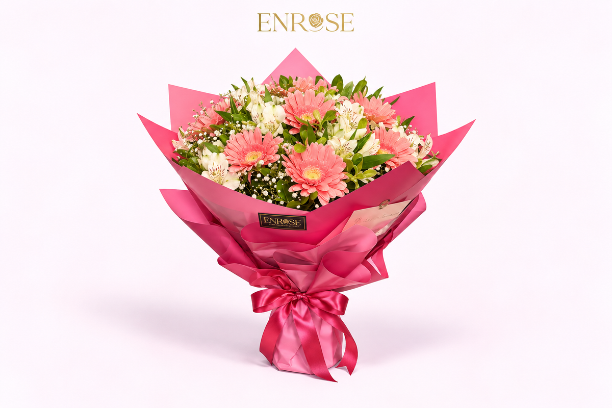 Primavera Encantada: Buquê de Gerbera Rosa com Astromélias