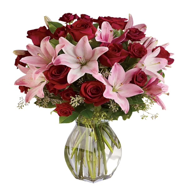 Evening of Elegance: Luxurious Floral Arrangement of Red Roses and Lilies