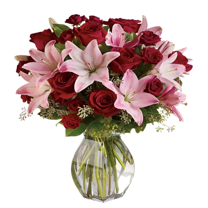 Evening of Elegance: Luxurious Floral Arrangement of Red Roses and Lilies