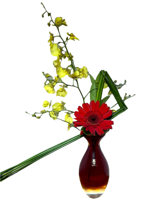 Arranjo Natural com Gerbera e Orquidea em Vaso Cristal Murano