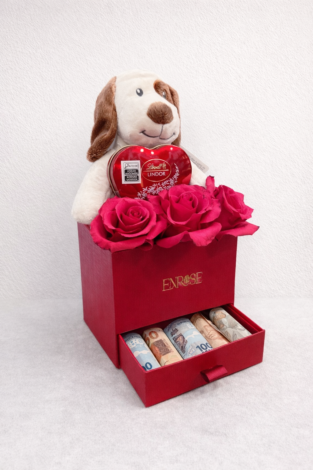 Caixa Presente com Rosas, Pelúcia, Chocolate e Dinheiro