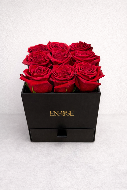 Luxury Box with 9 Red Roses and Ferrero Rocher Chocolates