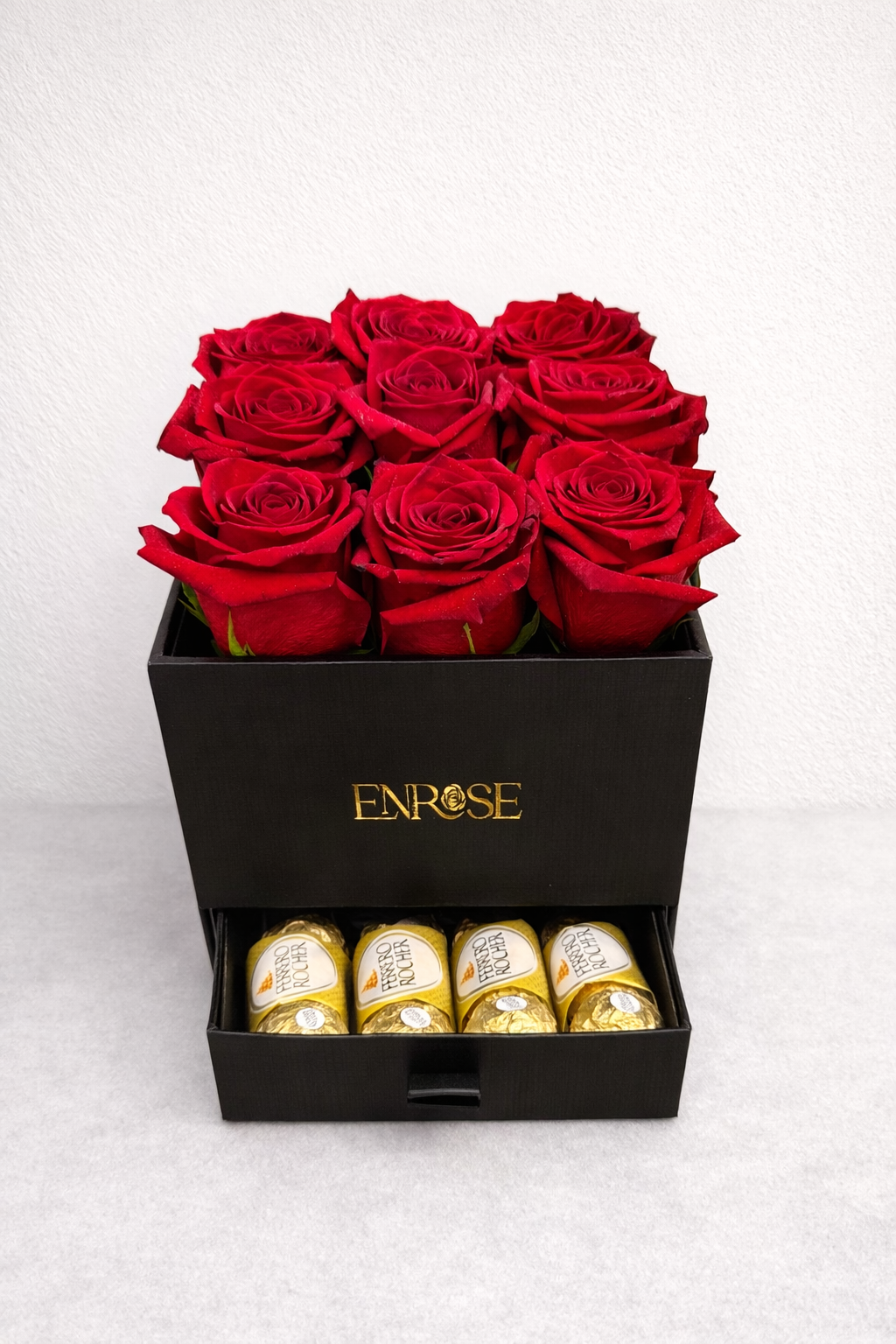Luxury Box with 9 Red Roses and Ferrero Rocher Chocolates