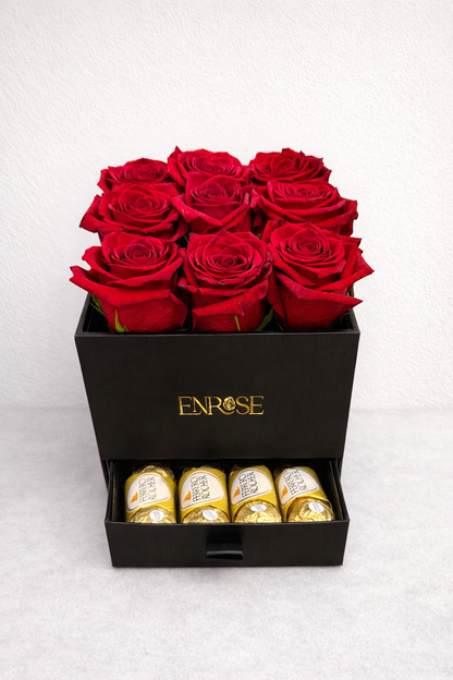 Luxury Box with 9 Red Roses and Ferrero Rocher Chocolates