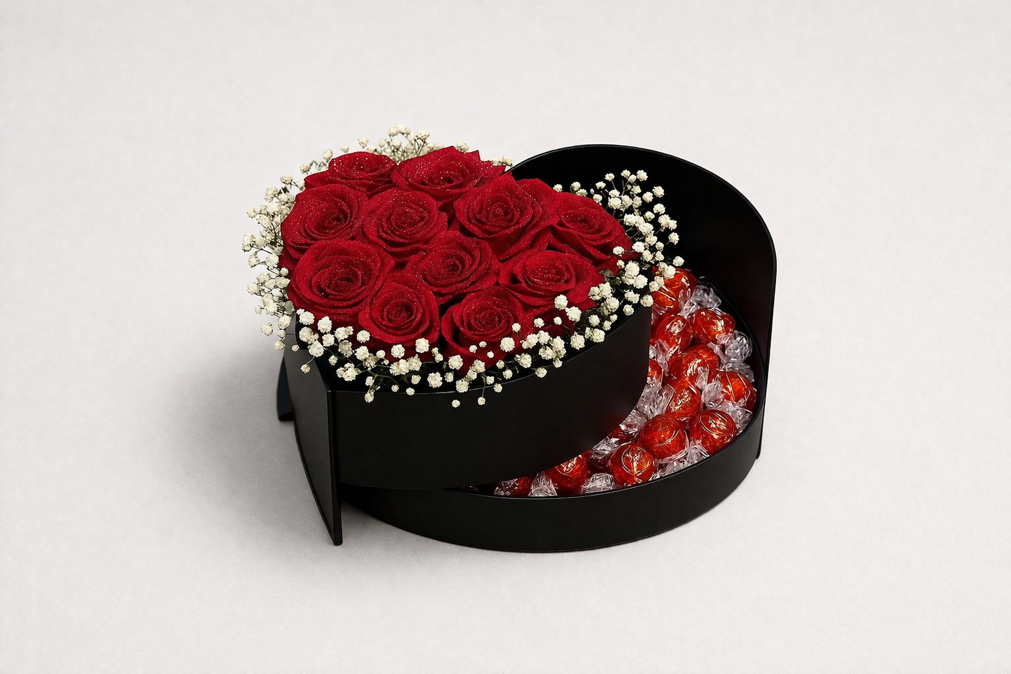 Caixa Coração Dupla com Rosas Vermelhas e Chocolates Lindt – Exclusiva ENROSE