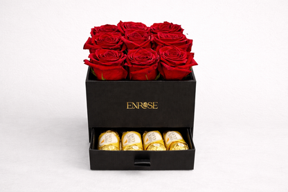 Luxury Box with 9 Red Roses and Ferrero Rocher Chocolates