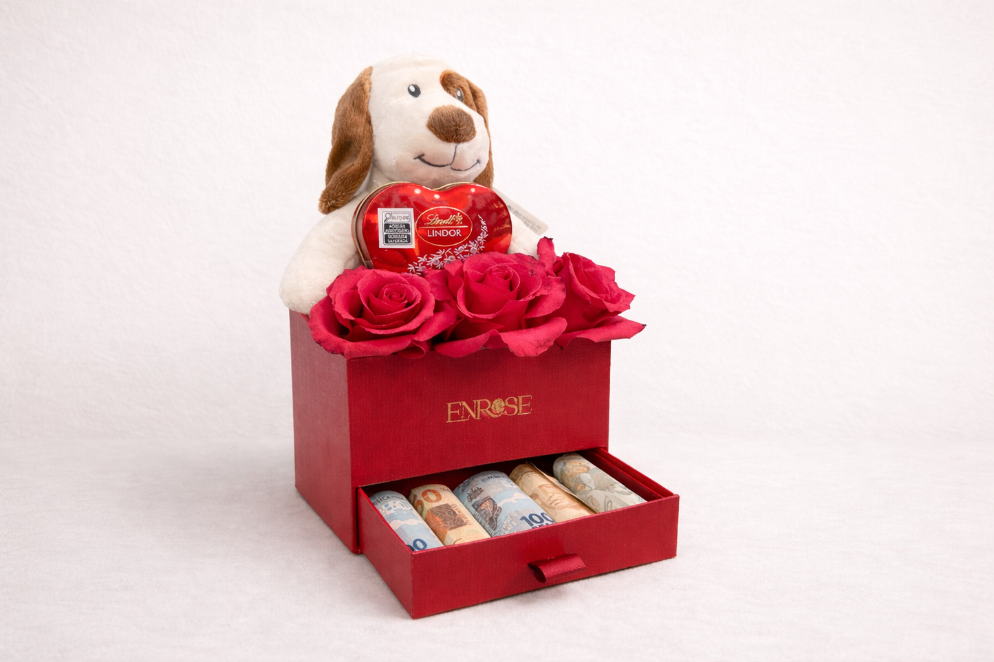 Caixa Presente com Rosas, Pelúcia, Chocolate e Dinheiro