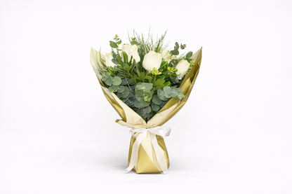 Bouquet of White Colombian Roses with Eucalyptus – Twelve Roses in Luxurious Packaging