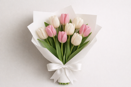 Buquê de Tulipas Brancas e Rosas com Embalagem Branca Luxuosa