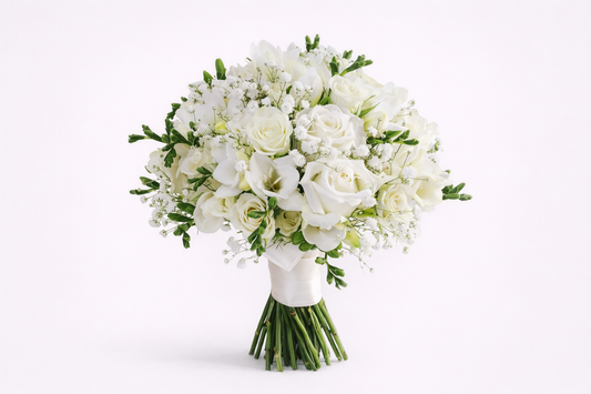 Buquê Elegante de Noiva com Rosas Brancas e Freesias