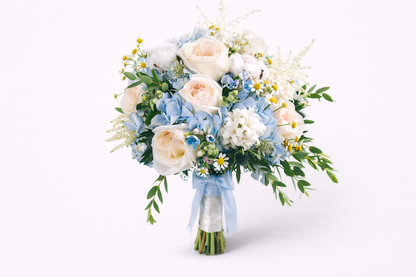 Buquê de Noiva com Hortênsias Azuis, Rosas cor de Rosa e Eucalipto