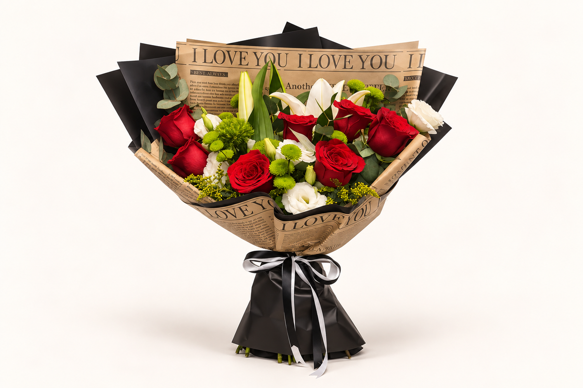 Buquê de Rosas Vermelhas, Lírio e Lisianthus