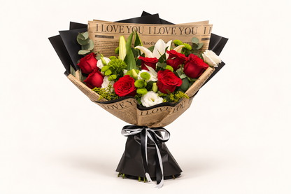Buquê de Rosas Vermelhas, Lírio e Lisianthus