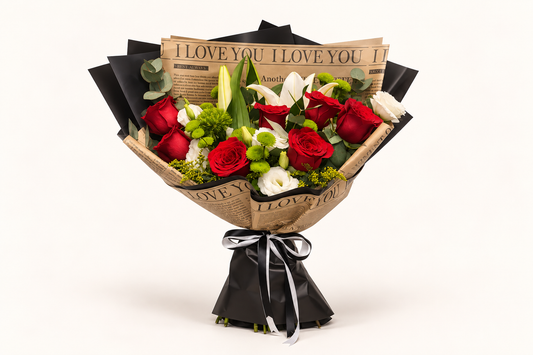 Buquê de Rosas Vermelhas, Lírio e Lisianthus