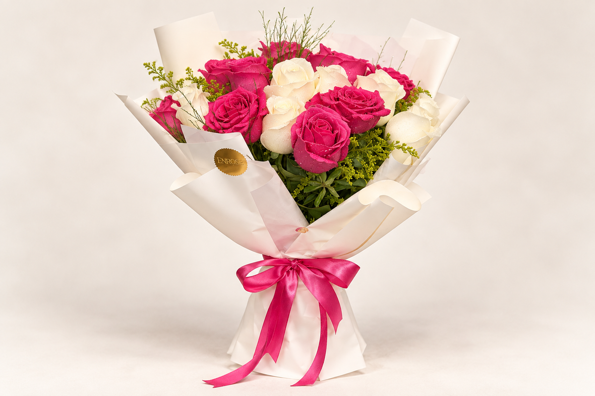 Buquê de 30 Rosas Brancas e Pink