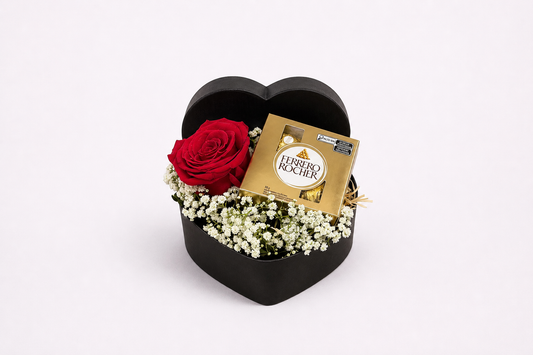 Box Coração com Rosa Vermelha e Ferrero Rocher