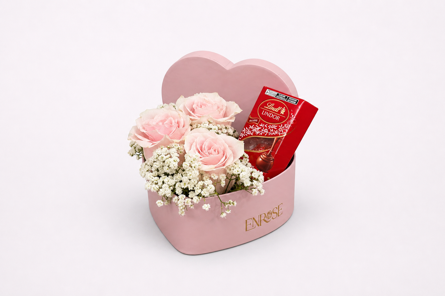 Box Coração com Rosas Rosas e Chocolate Lindt