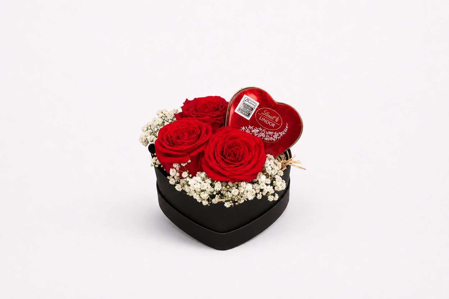 Box Coração com 3 Rosas Vermelhas e Chocolate Lindt