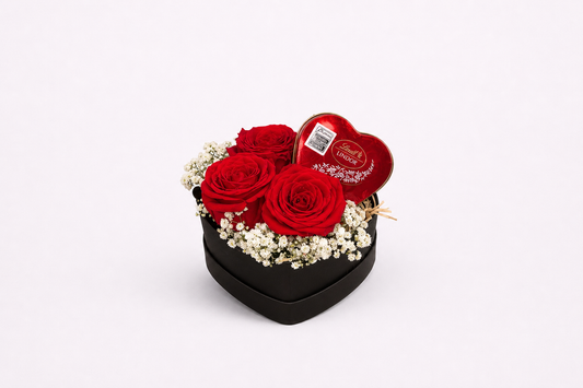 Box Coração com 3 Rosas Vermelhas e Chocolate Lindt