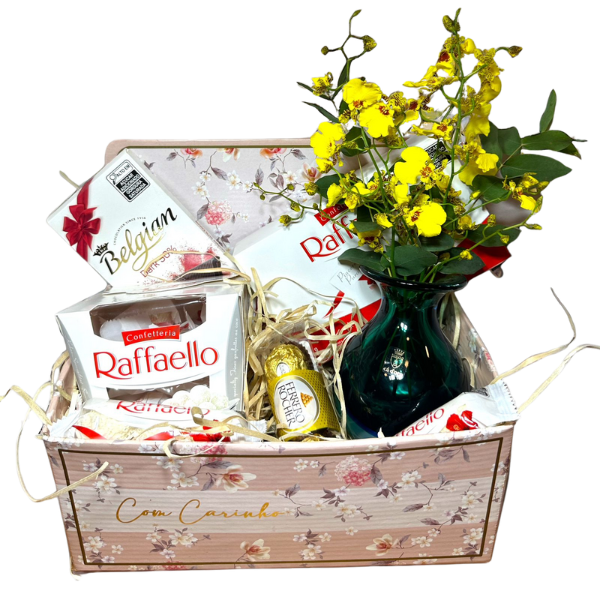 Elegância e Doçura: Cesta de Presente Deluxe com Orquídea e Chocolates e vado Murano