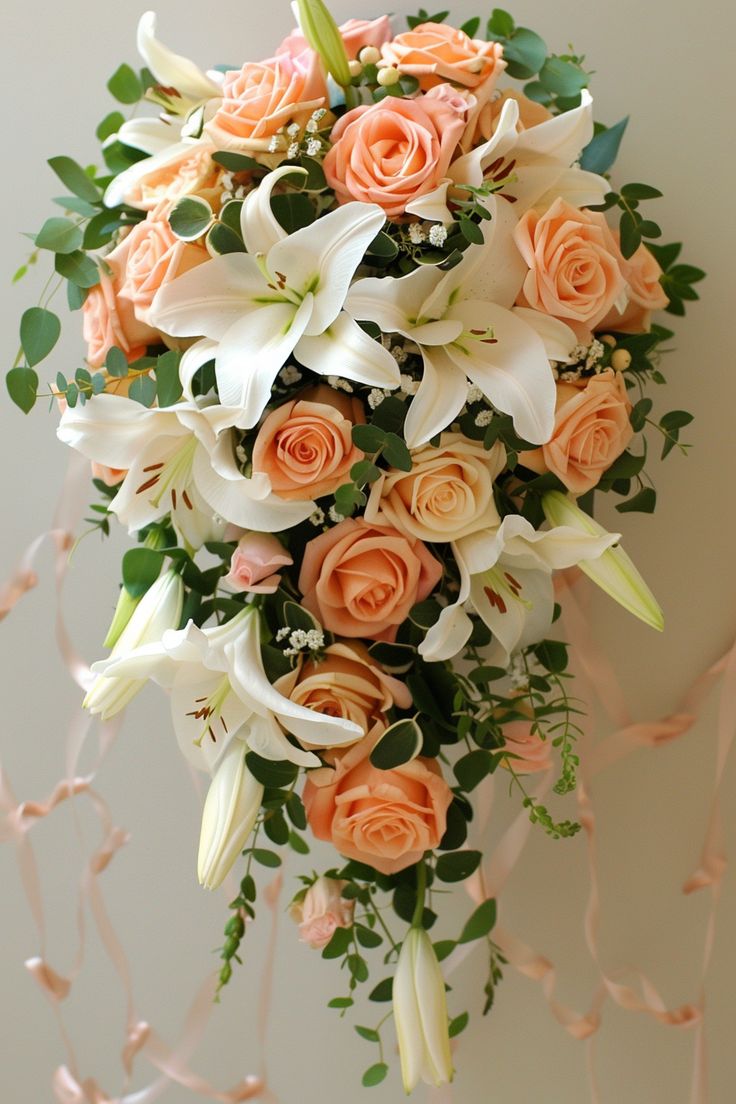 Cascading Bridal Bouquet with Peach Roses and White Lilies