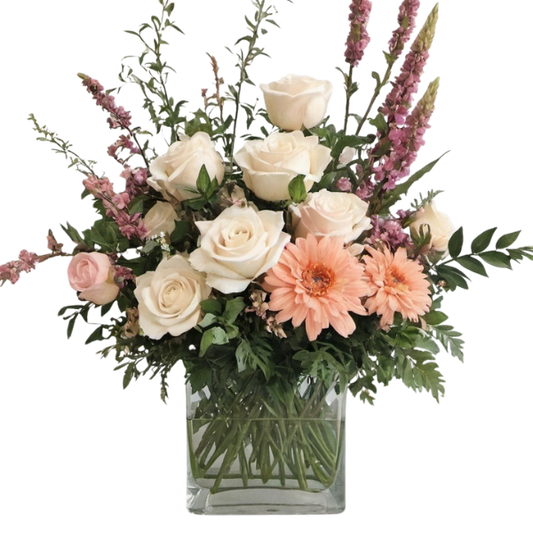 Arrangement of White Roses and Gerberas - Soft Elegance