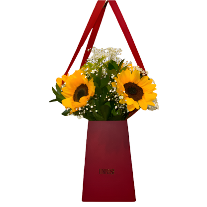 Sunflower Arrangement in Red Bag - Vertical Elegance