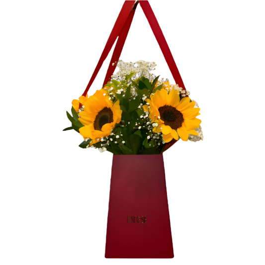 Sunflower Arrangement in Red Bag - Vertical Elegance