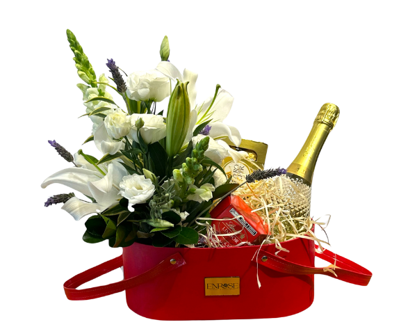Basket of White Flowers with Orchids and Freixenet Sparkling Wine - A Luxury Gift