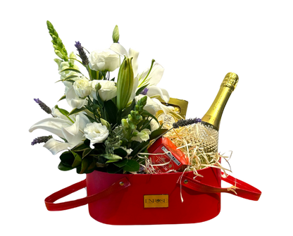 Basket of White Flowers with Orchids and Freixenet Sparkling Wine - A Luxury Gift